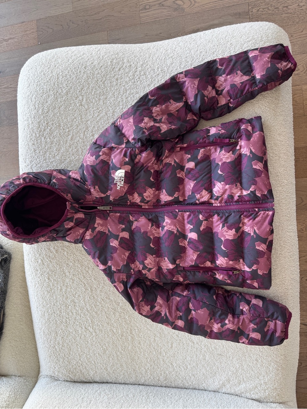 The North Face Girls' Pink & Purple Floral Hooded Puffer Jacket-reversible